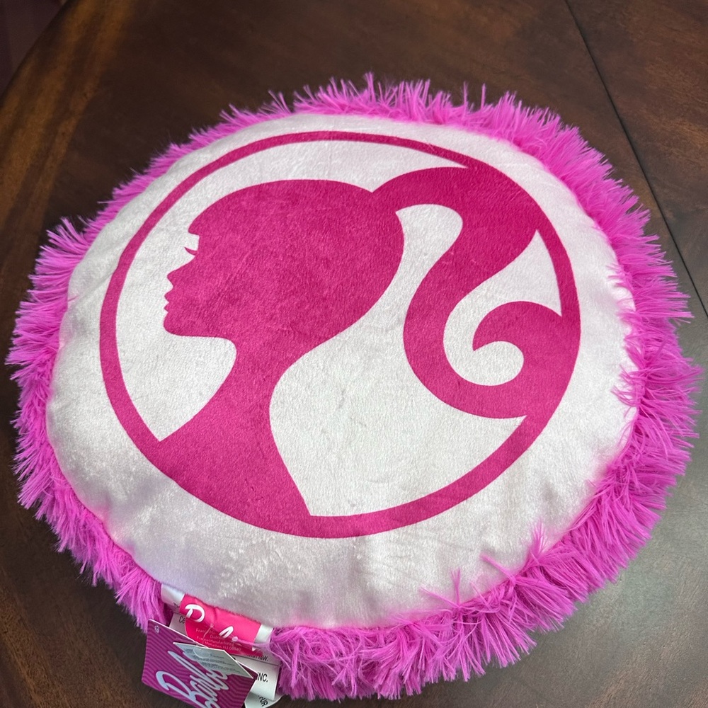 Barbie Pink Round Plush 2-Sided Decor Pillow Barbie Ponytail Logo by Mattel